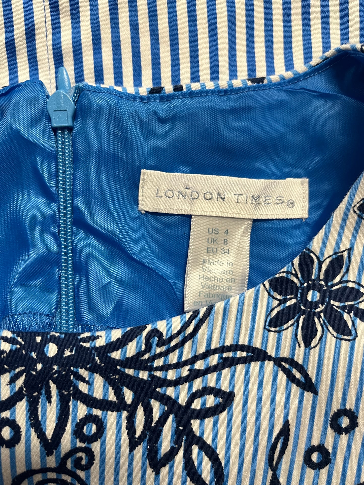Blue Floral, Sleeveless Dress, London Times, Size 4