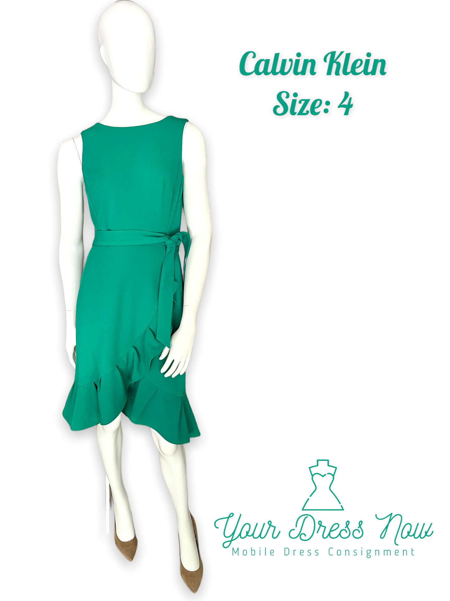 Green Ruffle Dress, Calvin Klein, Size 4