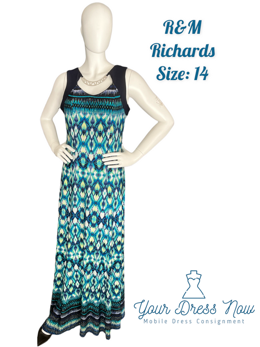 Beautiful Blue and Green Maxi Dress, R&M Richards, Size 14