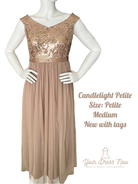 Sequin, Tan, Gala Dress, New with Tags, Size Petite Medium