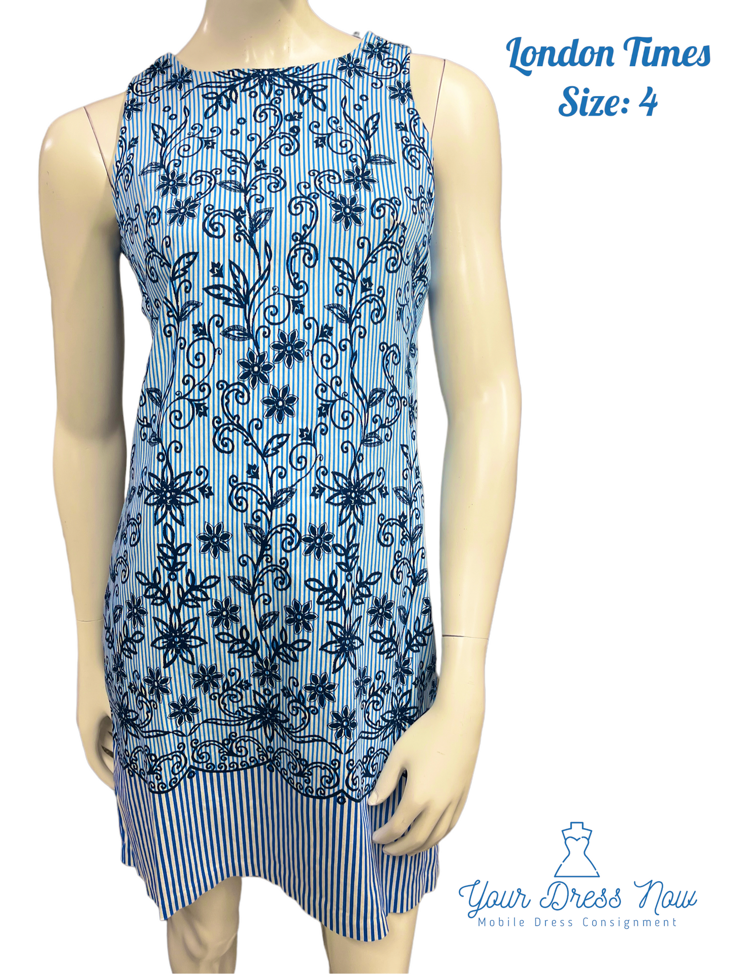 Blue Floral, Sleeveless Dress, London Times, Size 4