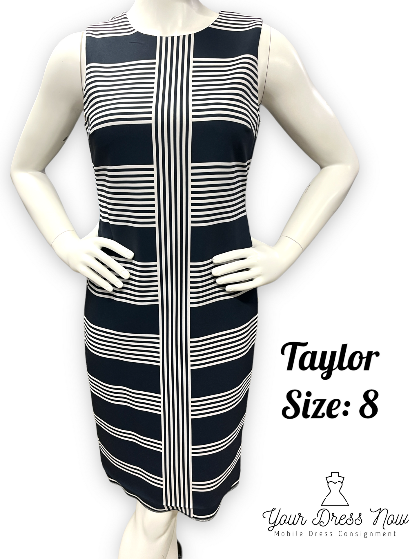 Taylor, Navy Blue and White Dress, Size 8